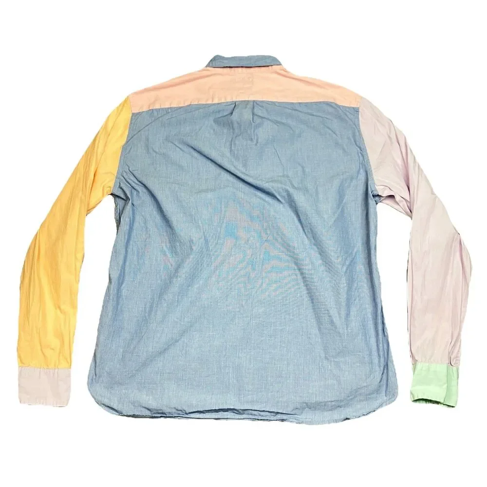 J Crew Secret Wash Shirt Mens XL Colorblock Organic Cotton Button Down Coastal‎